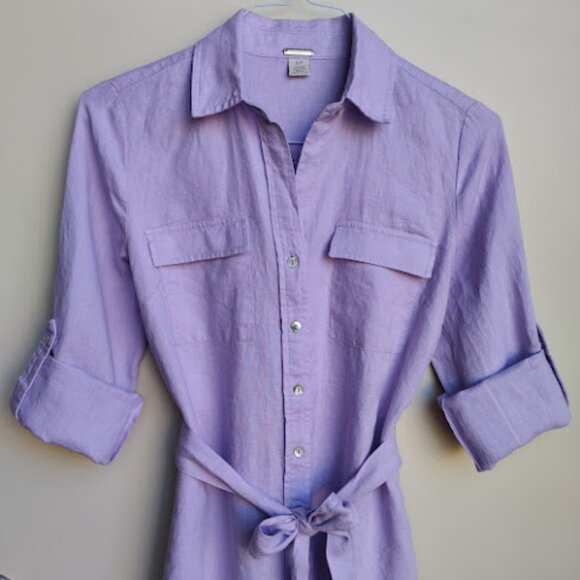 MAGASCHONI NWOT Lavender Linen Button Front Belted Roll Sleeve Shirt Dress S/P - Picture 6 of 13